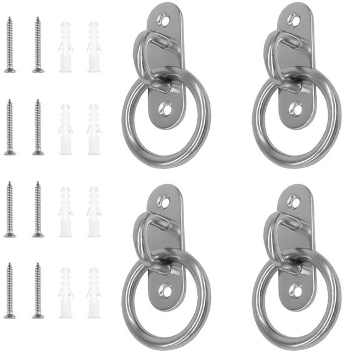 Set van 4 oogplaten van roestvrij staal, 5 mm gatdiameter, ovaal basis met schroeven, ideaal voor houten palen en stevige muren en plafonds