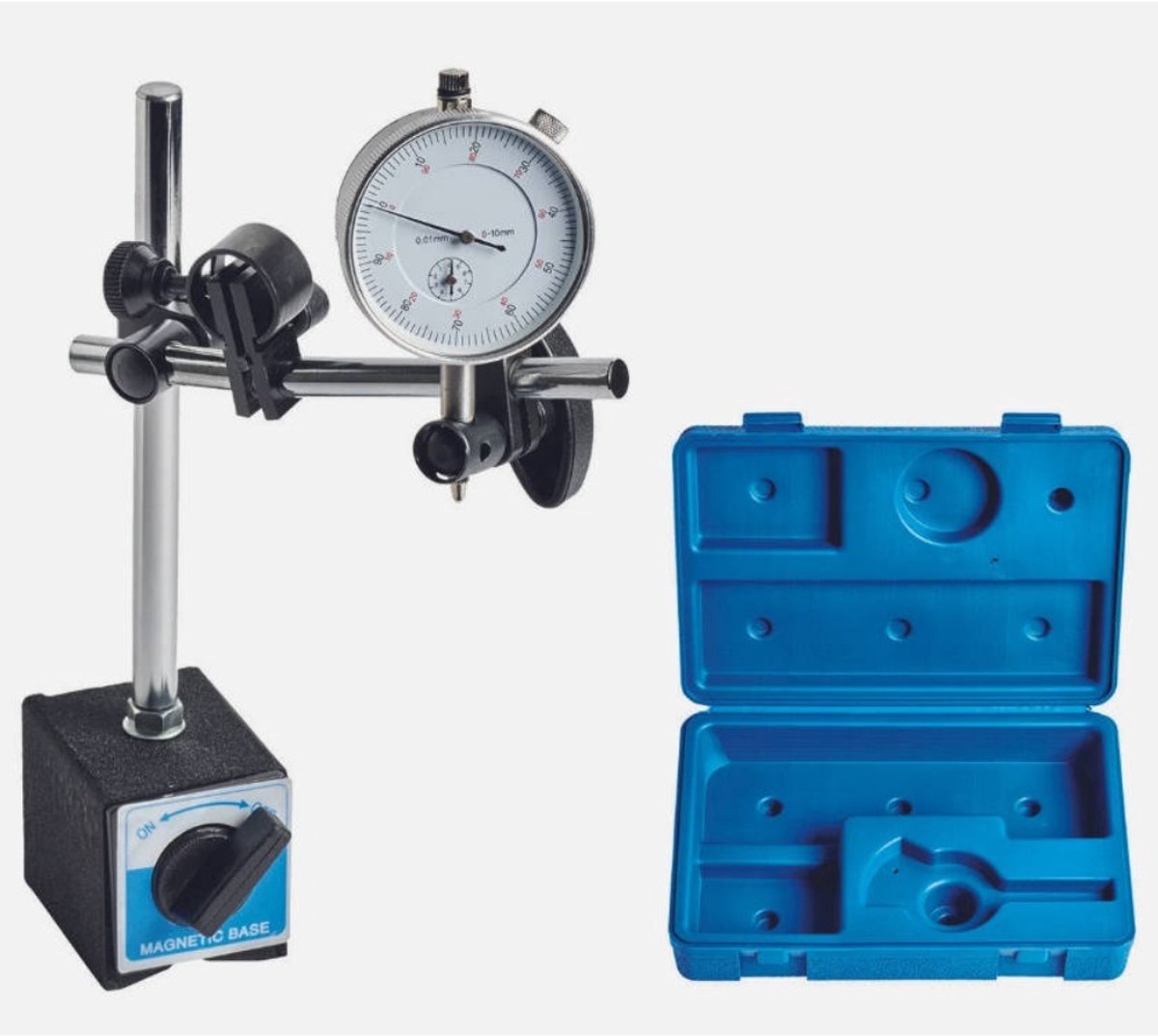Precisietestset voor meetklokken met magnetische basis en wijzer; meetklok met precisiemeetinstrumentset; lange arm 0-1 inch testkaliber 0,001 inch.