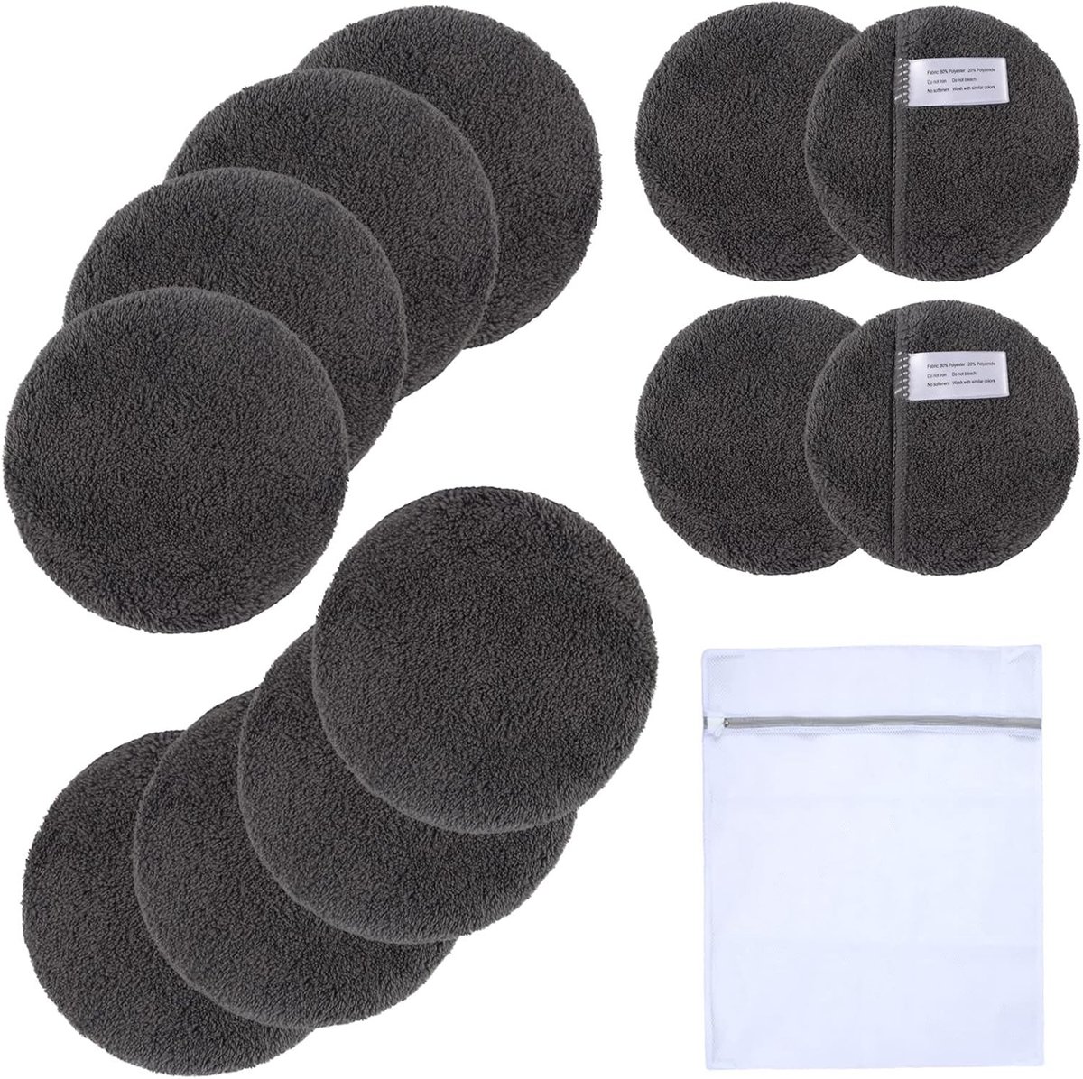 Herbruikbare Gezichtspads van Microvezel - Wasbare Make-up Verwijder Pads met Waszak - 12 Stuks Donkergrijs voor Effectieve Reiniging en Duurzaam Gebruik