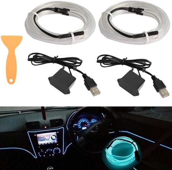 Led Interieurverlichting - Sfeerlicht Strip - Auto Decoratie - Waterdicht en Buigzaam - 2x 5 Meter - IJsblauw