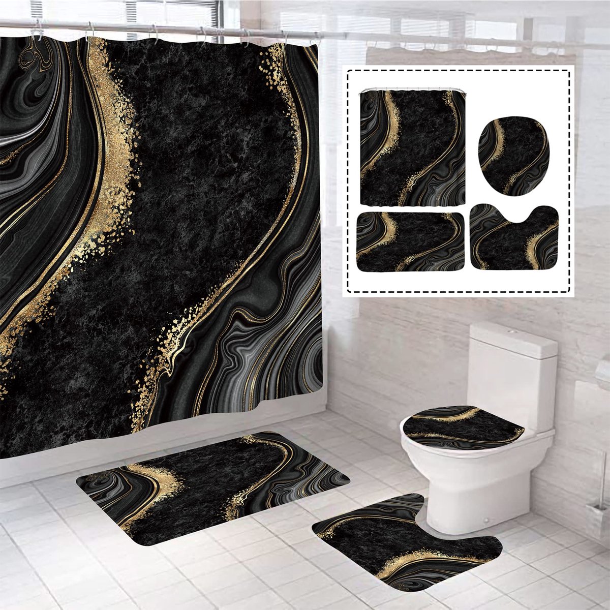 SnelShoppen - Luxe Marmeren Douchegordijnset 4 Stuks - Badkamerdecoratie met Douchegordijn, Toiletdekseltapijt, Contour en Badmat met 12 Haken - Zwart