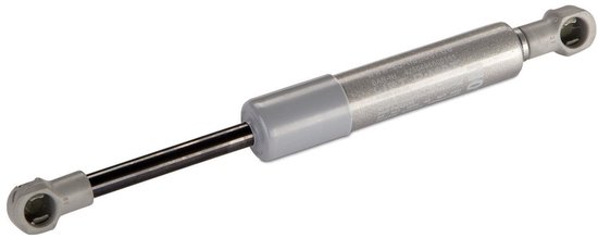 Een metalen gasveer met grijze uiteinden en zwarte stang, geïsoleerd op witte achtergrond.
