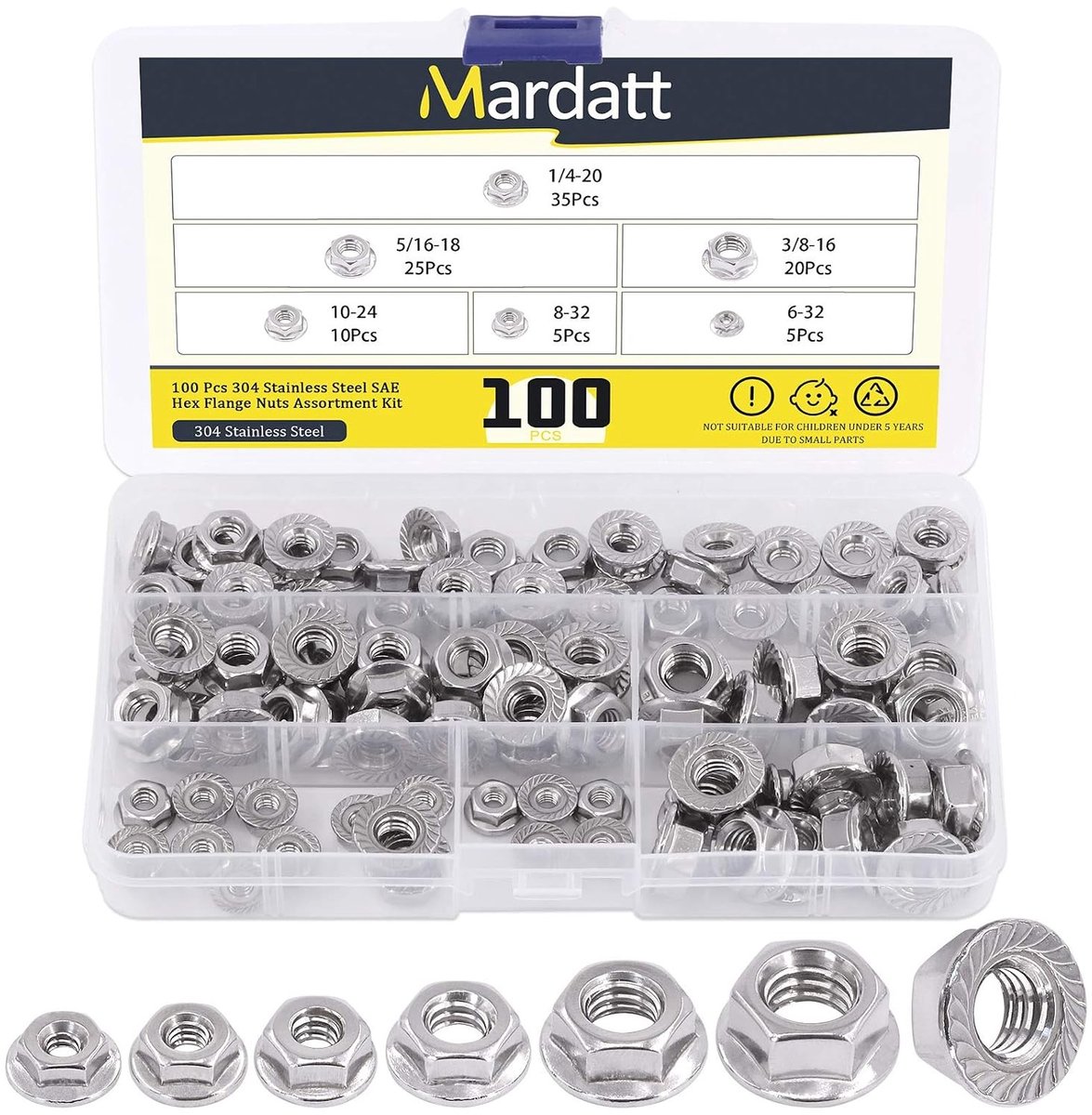 Assortiment van 100 RVS Serrated Flens Moeren in 6 Maten - 3/8"-16 naar #6-32 Hex Lock Moeren voor Diverse Toepassingen