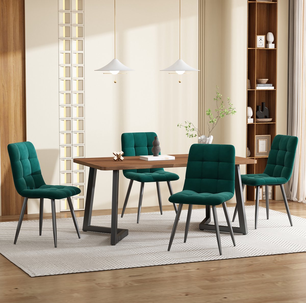 COVREO Eetkamerset 117x68x75 cm, walnoot, MDF met 4 fluwelen stoelen
