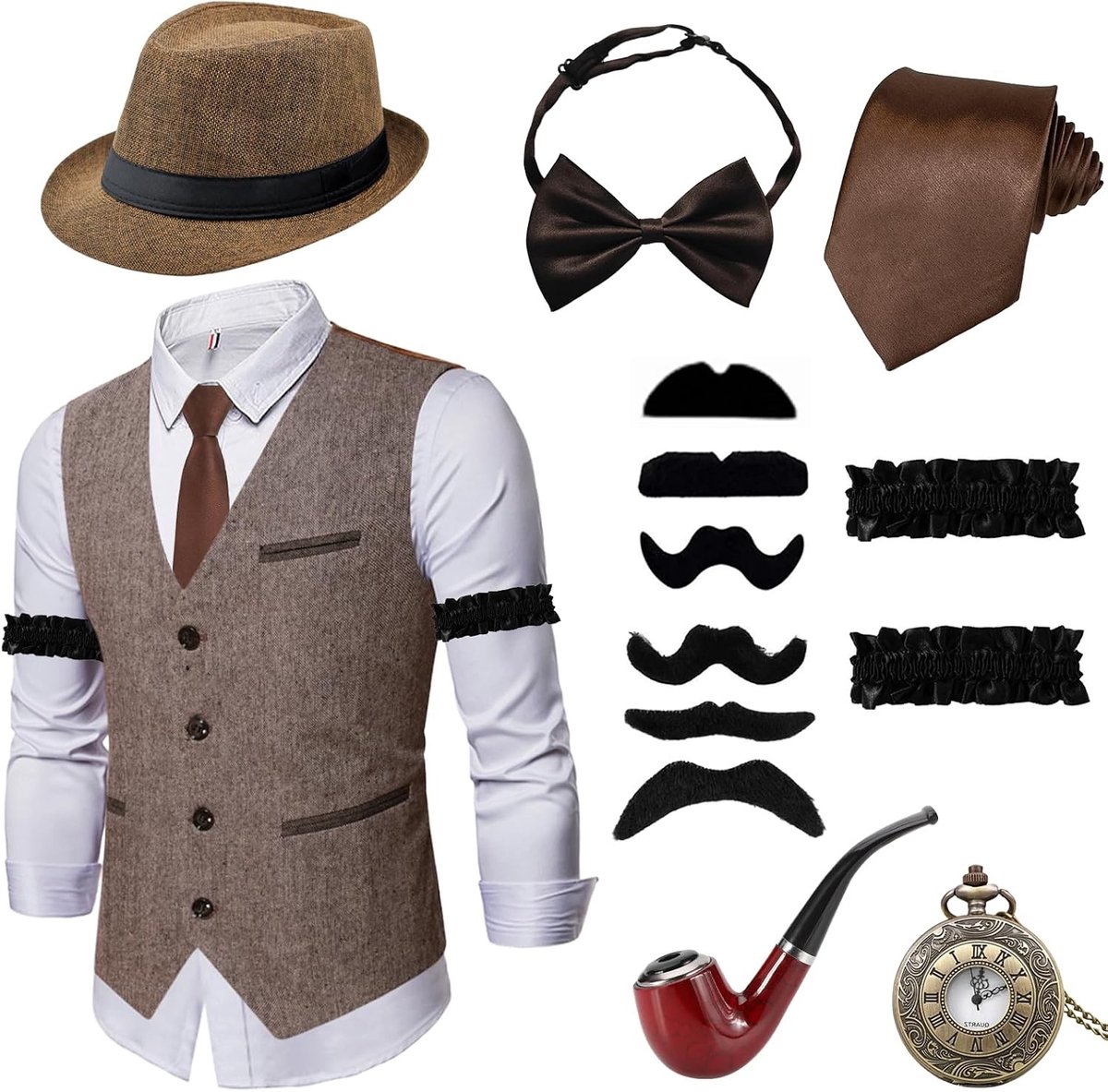 1920s Gangster Kostuum voor Mannen met Hoed, Bruin Vest, Stropdas en Zakhorloge - Perfect voor Carnaval en Halloween, M, L, XL