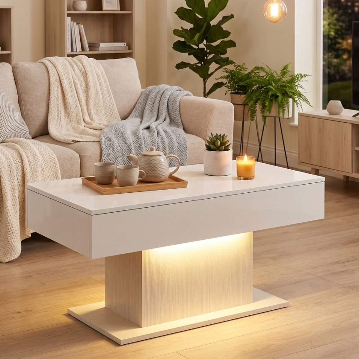 HAUSS SPOLE Salontafel - Hoogglans Met RGB LED En 2 Greeploze Lades - Voor Woonkamer Of Slaapkamer - Bewerkt Hout - 108x48x55 Cm - Wit