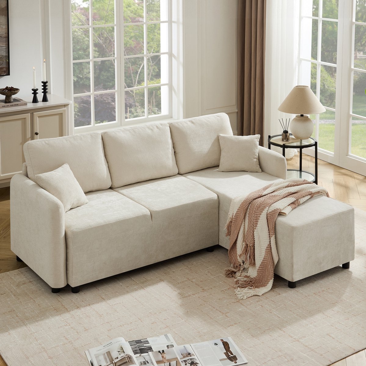 OKWISH Hoekbank 187,5 x 144 cm - 3-Zits Met L-Vormige Relaxhoek En 2 Kussens - Hoog Zitcomfort Voor Woonkamer Of Studentenkamer - Chenille - Lichtbeige