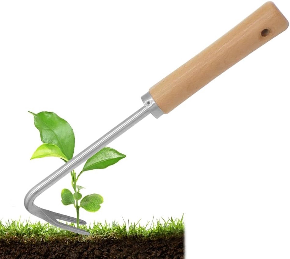 Handmatige Onkruidverdelger van RVS met Houten Handvat, Ideaal voor Tuinieren, Aarden en Planten Verplanten, 25.7 x 7.5 cm