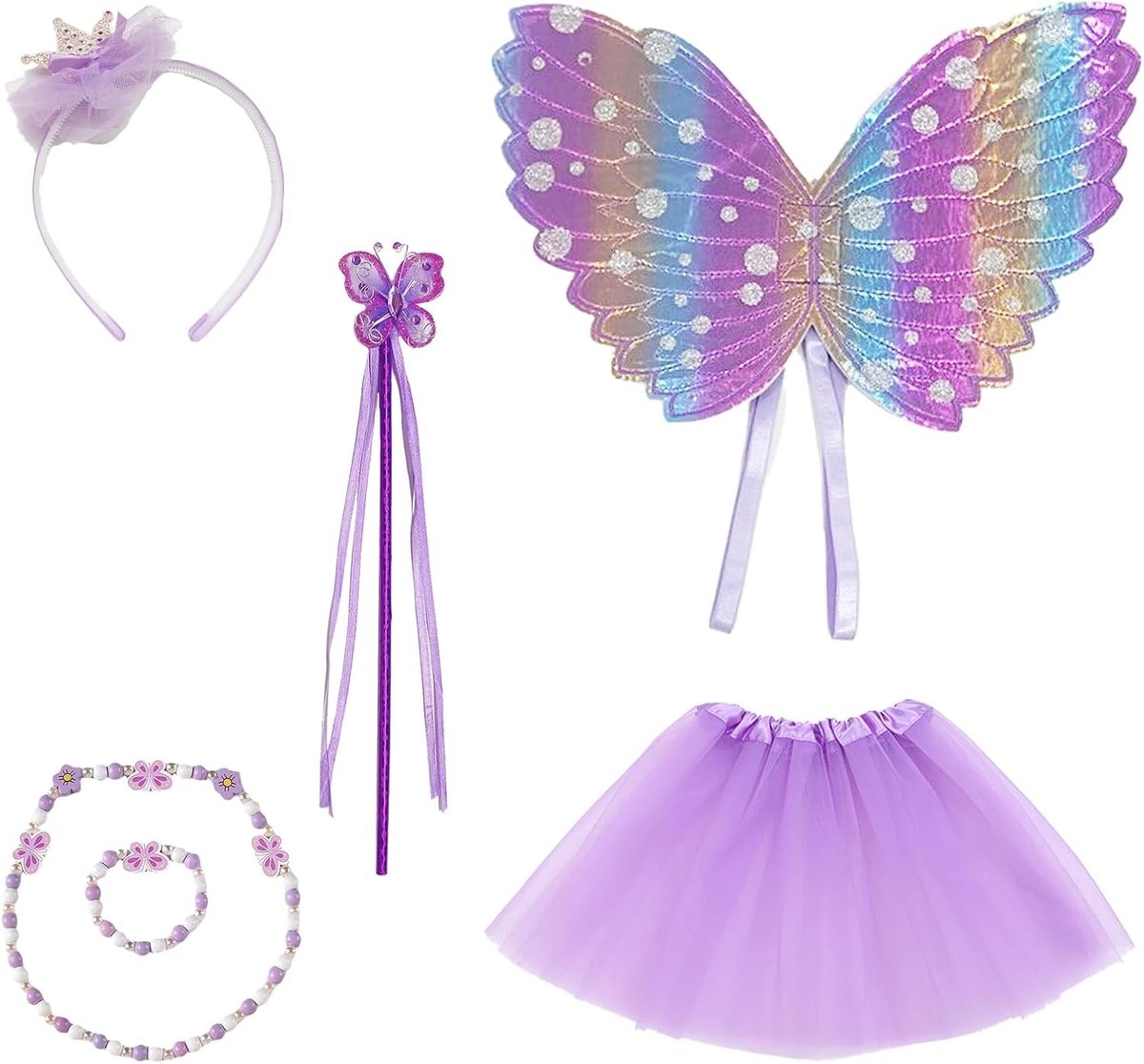Sprookjesachtig feeënkostuum voor meisjes, 6-delig met vlindervleugels, tutu, toverstaf en accessoires voor fantasierijk verkleden