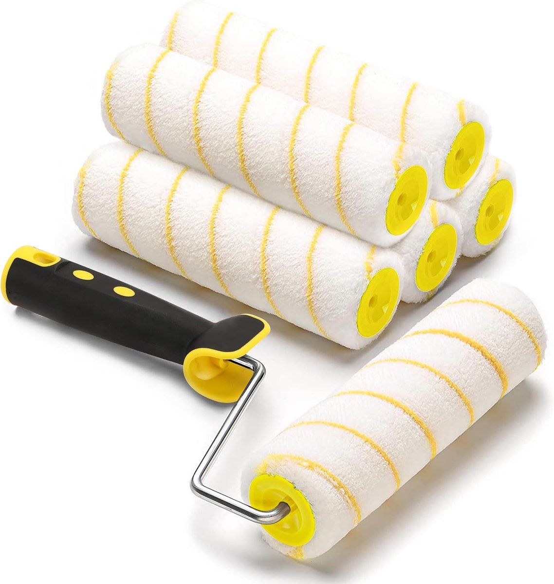 SnelShoppen - Verfroller Set van 6 Stuks Professionele Schilderset met 5 Schilderrollen 18 cm Polyacryl en Telescoopstang voor Gevelverf en Pleisterwe