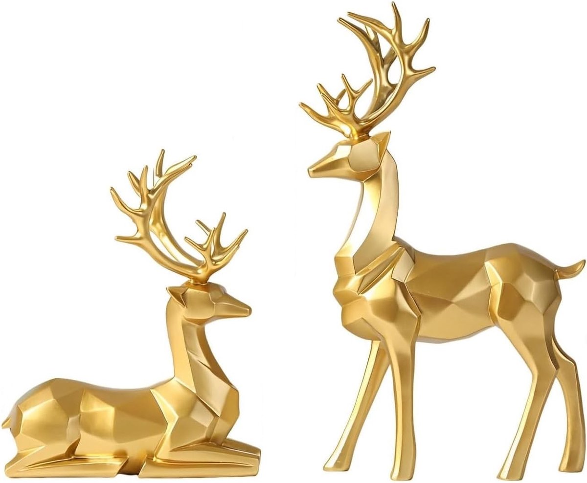 Set van 2 Hertenfiguren, Gouden Decoratie voor Bureau, Resin Elken Ornamenten, Kerstdecoratie voor Woonkamer en Slaapkamer, Unieke Cadeaus voor Feestdagen
