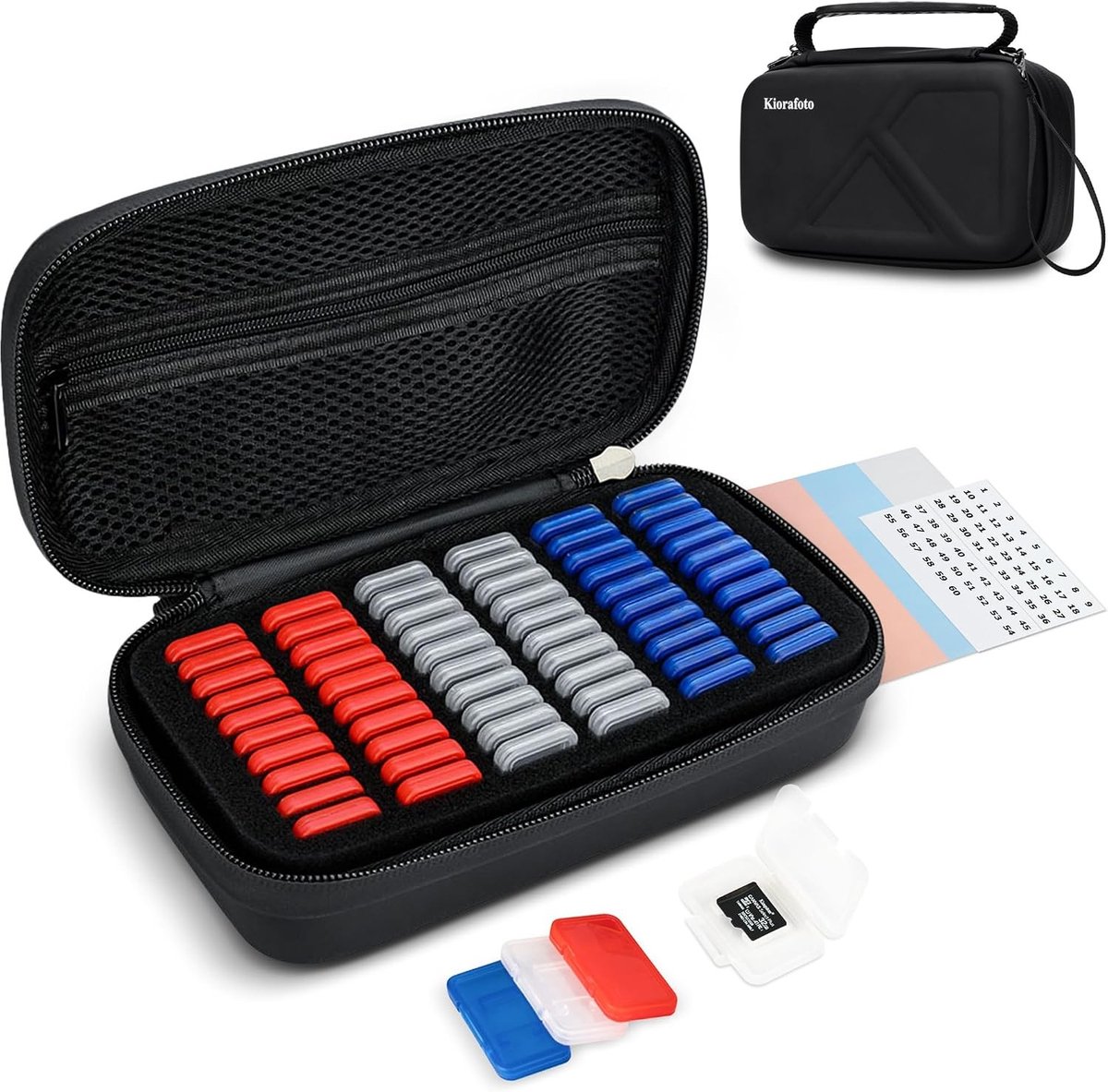 Micro SD Kaart Houder met 60 Stuks Individuele Plastic TF Kaart Houder - Waterbestendig, Schokbestendig en Handige Organizer met Handvat en Labels voor MicroSD, MicroSDHC en MicroSDXC Kaarten