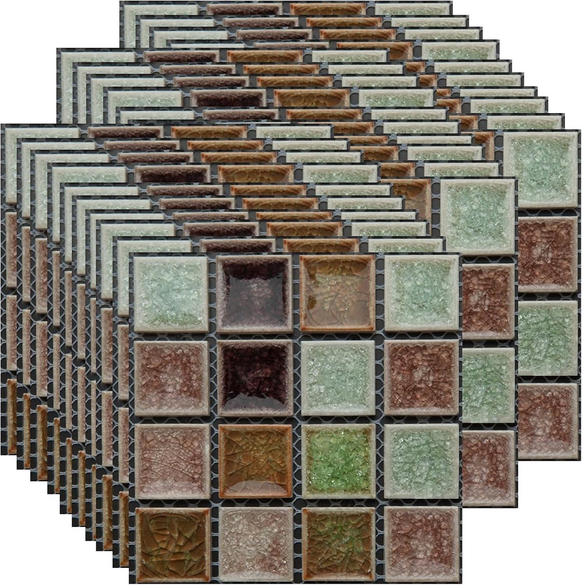 Set van 30 Mozaïek Tegel Stickers, 10 x 10 cm Zelfklevende Wandtegels, Waterdicht en Oliebestendig, Eenvoudig aan te brengen, Bruin en Groen