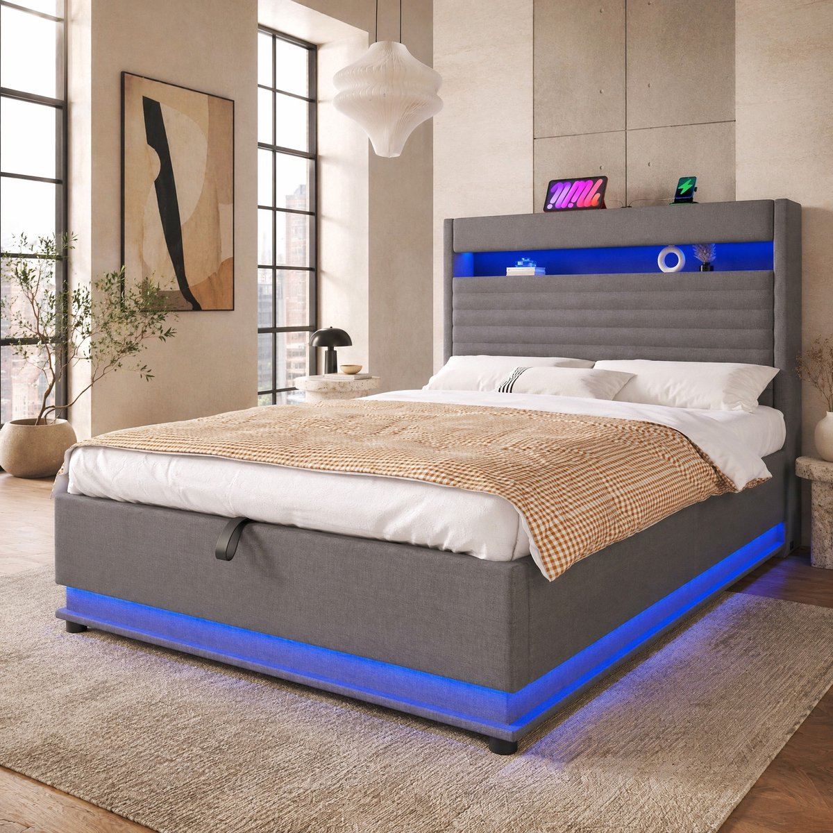 DESMIU Gestoffeerd Bed 140x200cm – USB En Type-C Oplaadfunctie Met Ledverlichting – Hydraulische Opbergruimte Met Opklapvak – Voor Volwassenen – Stof – Grijs – Zonder Matras Grey