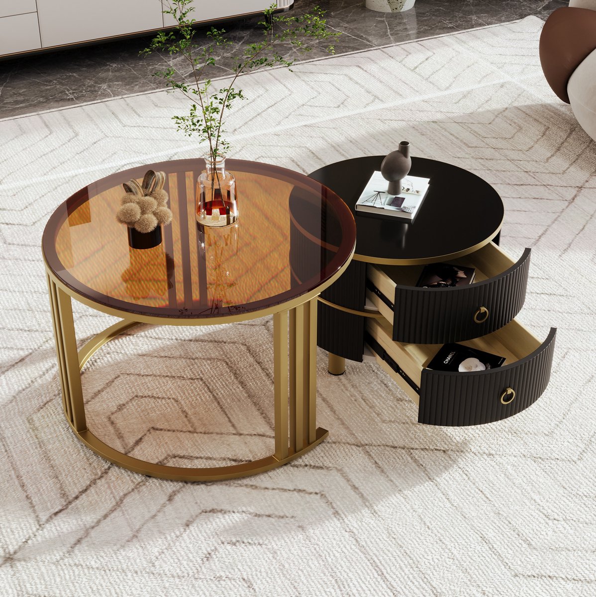COVREO Salontafel set 70x70 cm zwart en goud, glas en MDF, 2 lades