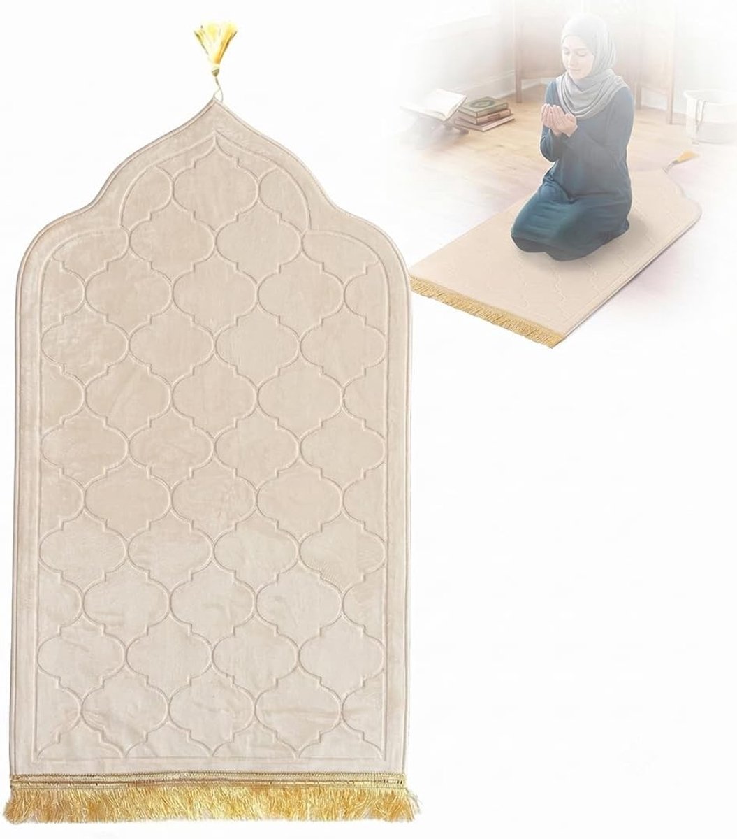 Gewatteerd gebedstapijt voor moslims, zacht flanellen tapijt voor gebeden, ideaal cadeau voor Eid en Ramadan, beige kleur