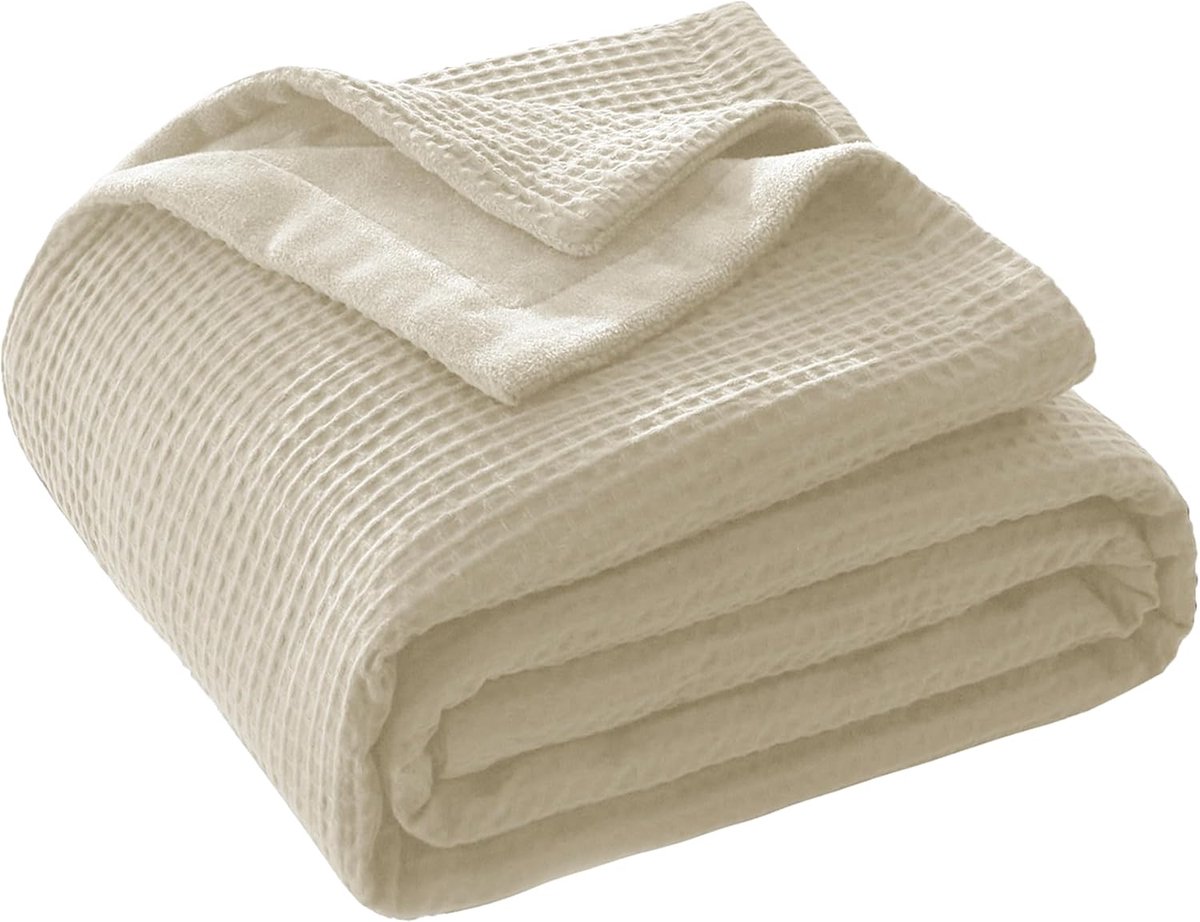 SnelShoppen - Katoenen Deken, Knuffeldeken 220 x 240 cm, Dubbelzijdig Katoen, Wafeldeken en Melkfluweel, Zacht, Wollig, Warm, Antistatisch, Sprei, Ban
