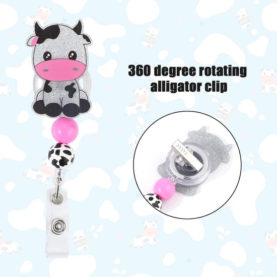 Schattige Koeien Badge Reels - Intrekbare Acryl Badge Houder met Dierenprint voor Verpleegkundigen, Studenten en Leraren - Perfect voor Identificatie en Organisatie — afbeelding 3