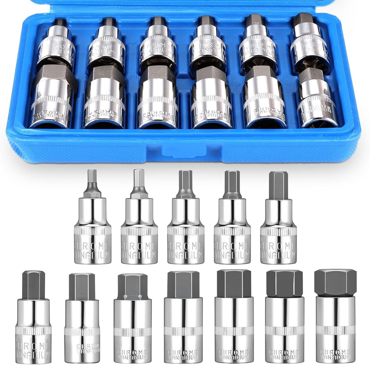 SnelShoppen - 12-delige inbussleutelset, moerset 1/2 inch, inbusmoerset voor slagmoersleutel met kunststof koffer, inbus moer 5-22 mm, professioneel g