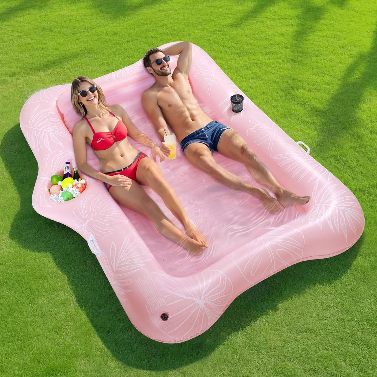 Opblaasbaar Luchtbed - Zonnebed Lounger - Ontspannen op water - Met ingebouwde ijsemmer - 215 x 148 cm - Roze Blad