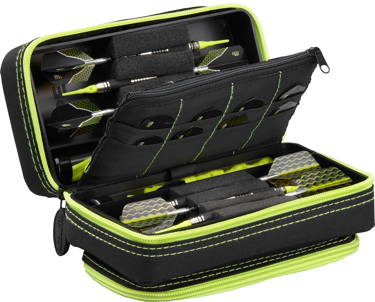 SnelShoppen - Casemaster Plazma Pro Dart-etui voor 6 darts, met vakje voor mobiele telefoon, zwart-geel, voor stalen en softtip punten, ideaal voor da