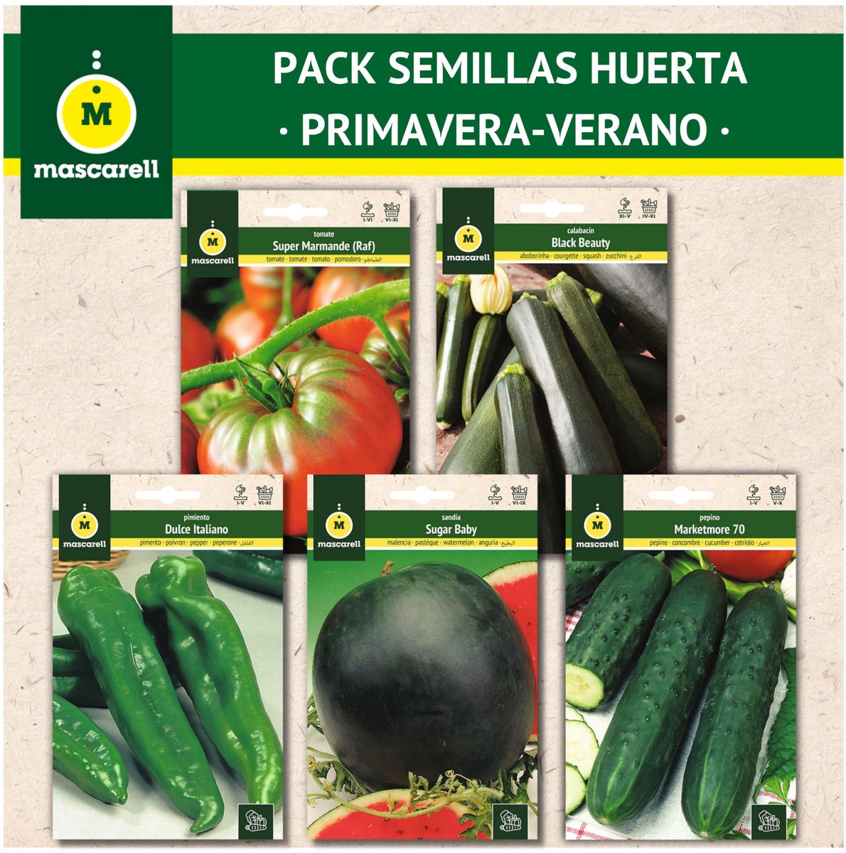 SnelShoppen - Zaden Mascarell Pakket Voor Moestuin Lente-Zomer - Gemakkelijk Thuis Te Kweken - Bevat Tomaat, Courgette, Paprika, Watermeloen en Komkom