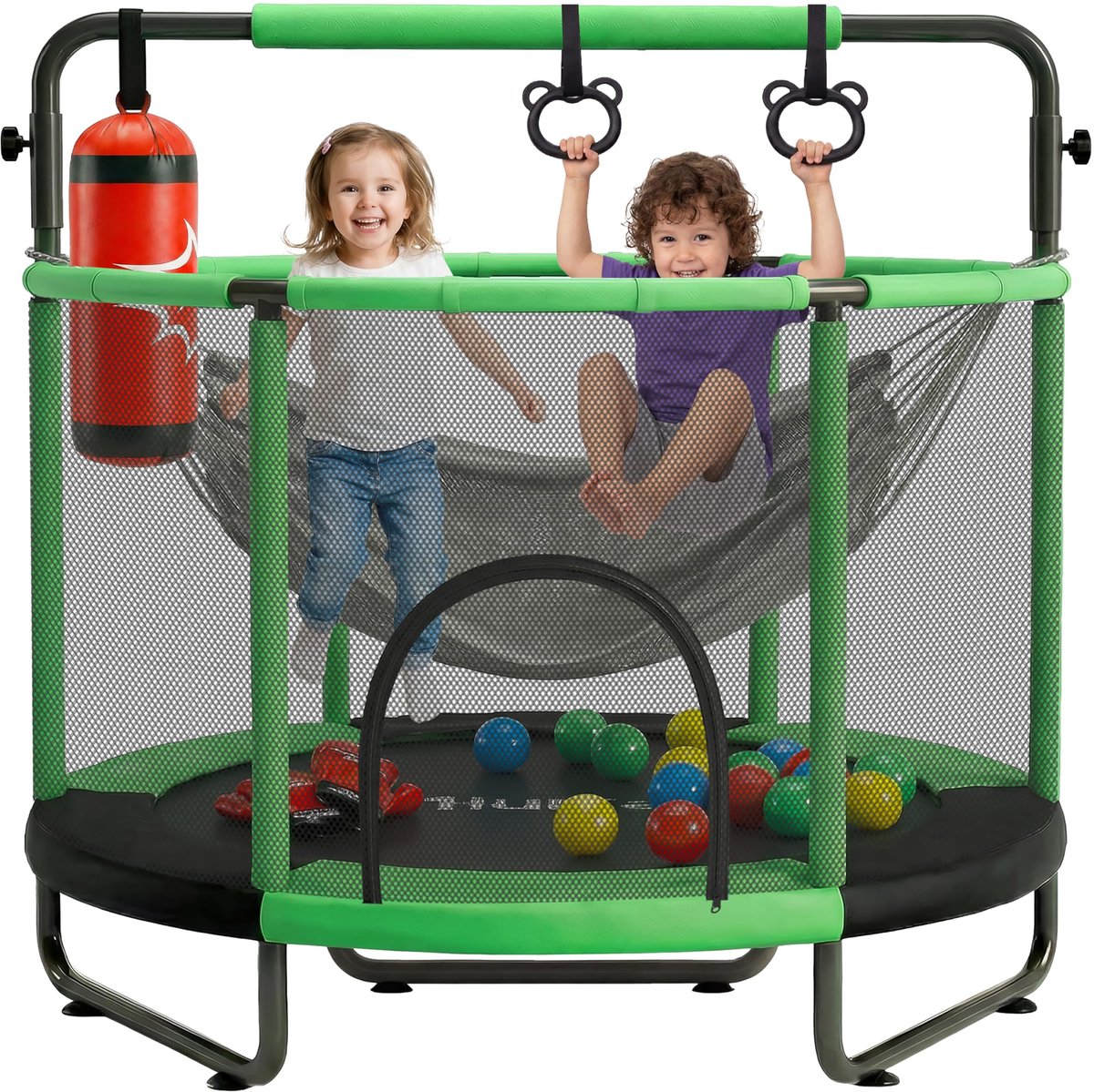 SnelShoppen - Trampoline voor Kinderen met Veiligheidsnet, 120 kg Inhoud, Binnen/Buiten, Verstelbare Gymnastiekstang, Schommel, Bokszak en Ringen in B