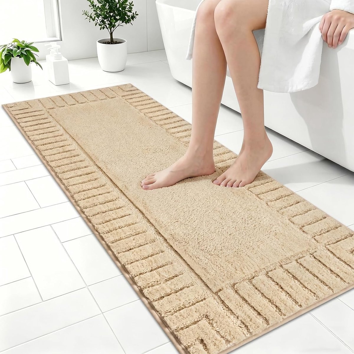 SnelShoppen - Antislip Badmat 50x120cm - Beige Microvezel Badkamermat - Zachte, Absorberen