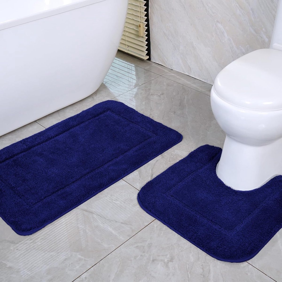 SnelShoppen - Badmat set van 2 microvezel antislip sneldrogend 53 x 86 cm en 50 x 50 cm blauw voor badkamer en wc, hoogdichtheid materiaal, comfortabe