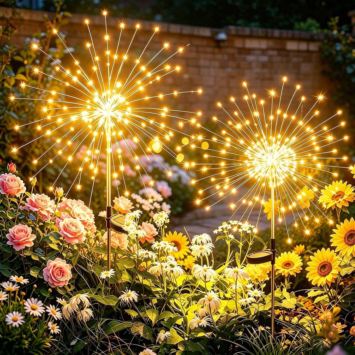 SnelShoppen - Solarverlichting voor buiten 2 stuks 150 LED vuurwerk solarlampen, 8 modi tuinverlichting, weerbestendige paardenbloem tuinstekker voor