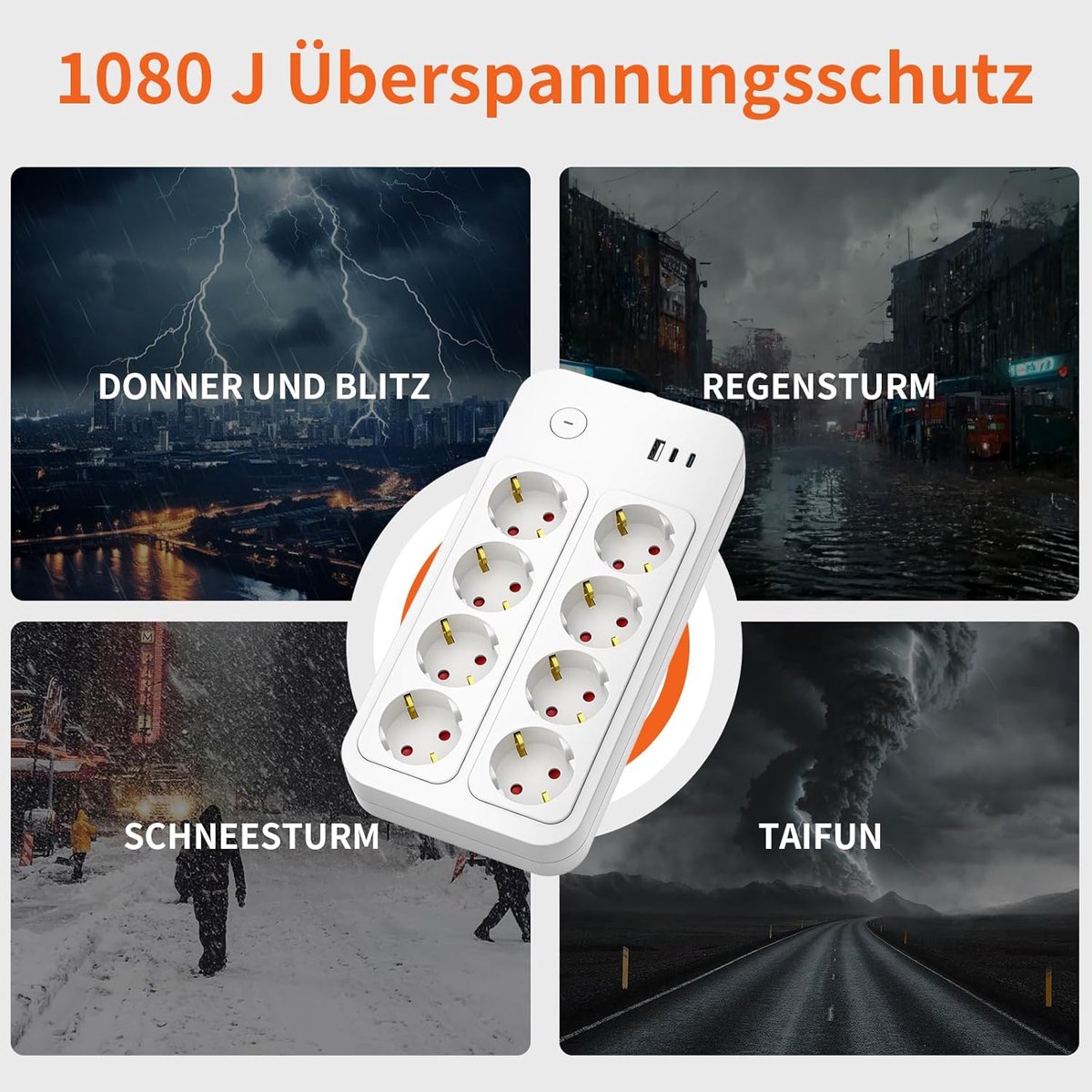 SnelShoppen - Stekkerdoos 8-voudig met Overspanningsbeveiliging en 3 USB Poorten - Ideaal voor Thuis, Kantoor, Kamperen - Zwart