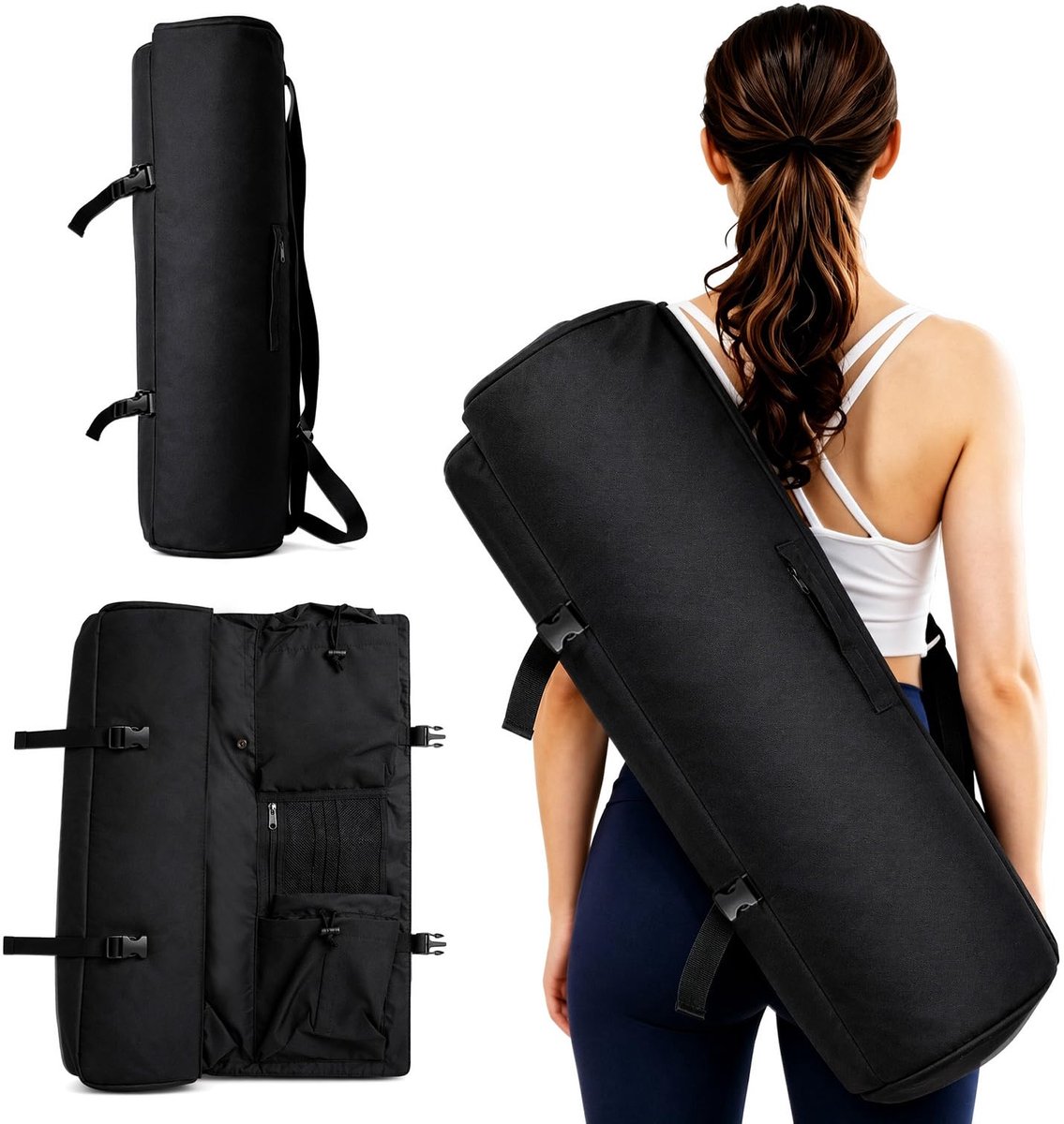SnelShoppen - Draagbare Yogamat met Meerdere Zakken en Nat Vak, Voor Mannen en Vrouwen, Verstelbare Bandjes, Zwart, Perfect voor Reizen en Training