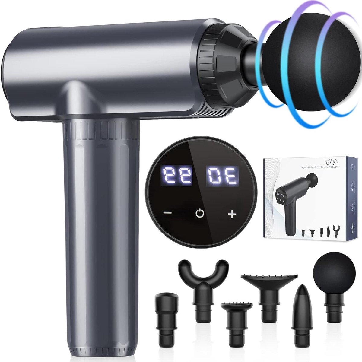 Massagepistool - Spierontspanning Apparaat - Spierherstel Bevorderen - 30 Niveaus 6 Koppen - 19x6x18 cm - Zwart