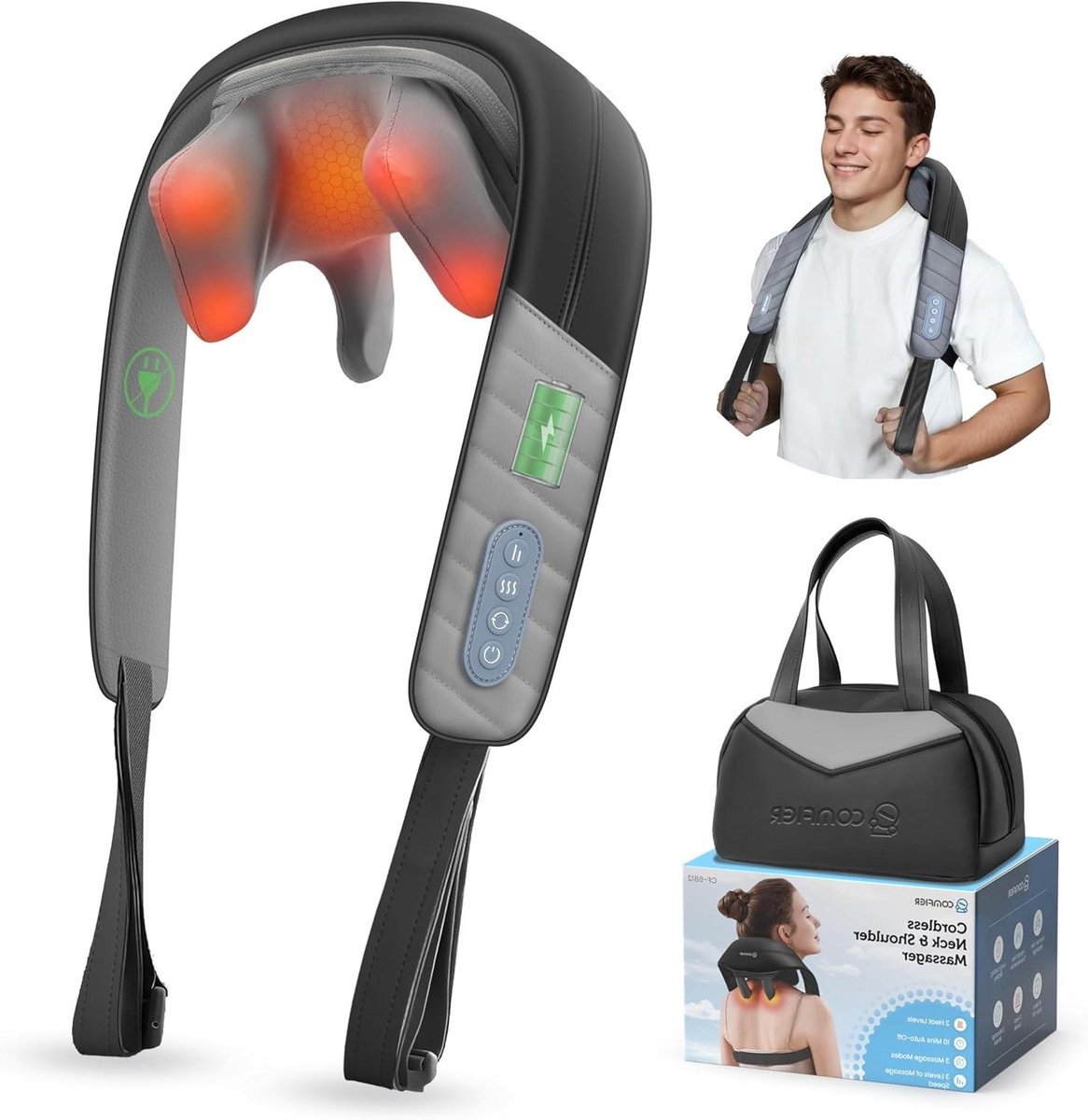 Nekmassageapparaat met Warmte - Draadloze Kneedmassage - Spierontspanning Bevorderen - Verbeterde 4D Technologie - 19.75 x 13.75 cm - Zwart