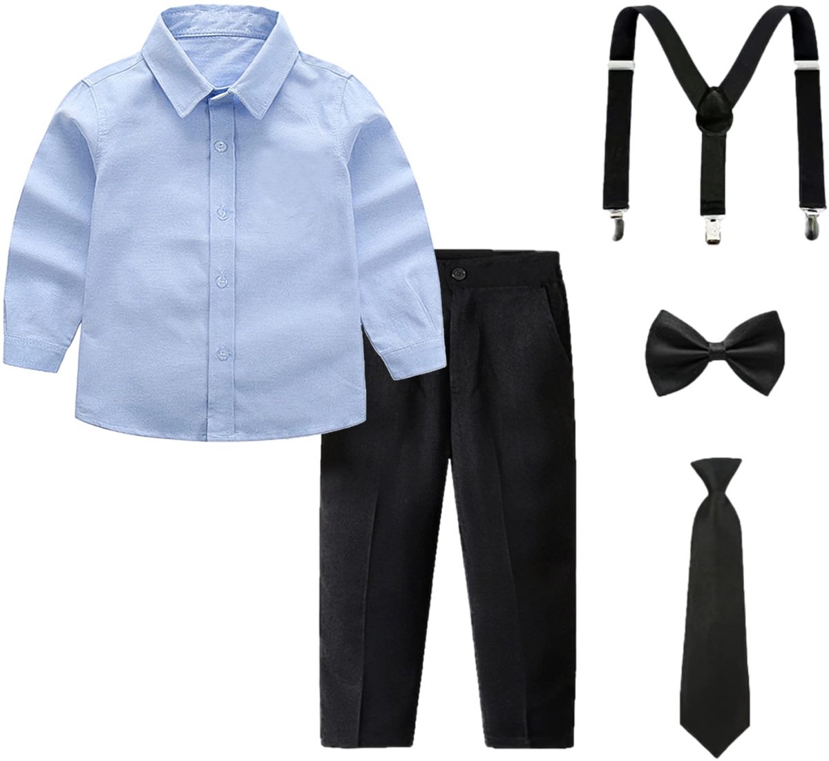 SnelShoppen - Jongens Kleding Set Lange Mouw Vlinderdas Shirt Bretels Broek Outfit voor Feest en Vrije Tijd, Blauw, Maat 5-6 Jaar