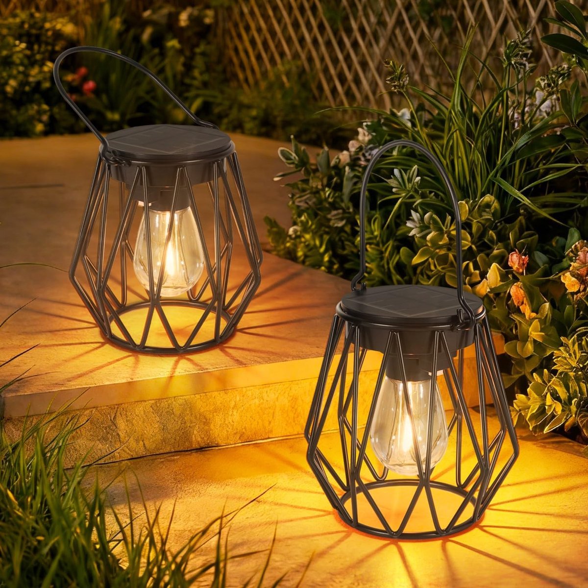 SnelShoppen - Solar Lichten Buiten Hangend Staand IP65 Waterdicht Voor Balkon - Solar Lantaarns Weerbestendig - Warm Wit Tuinverlichting Set van 2