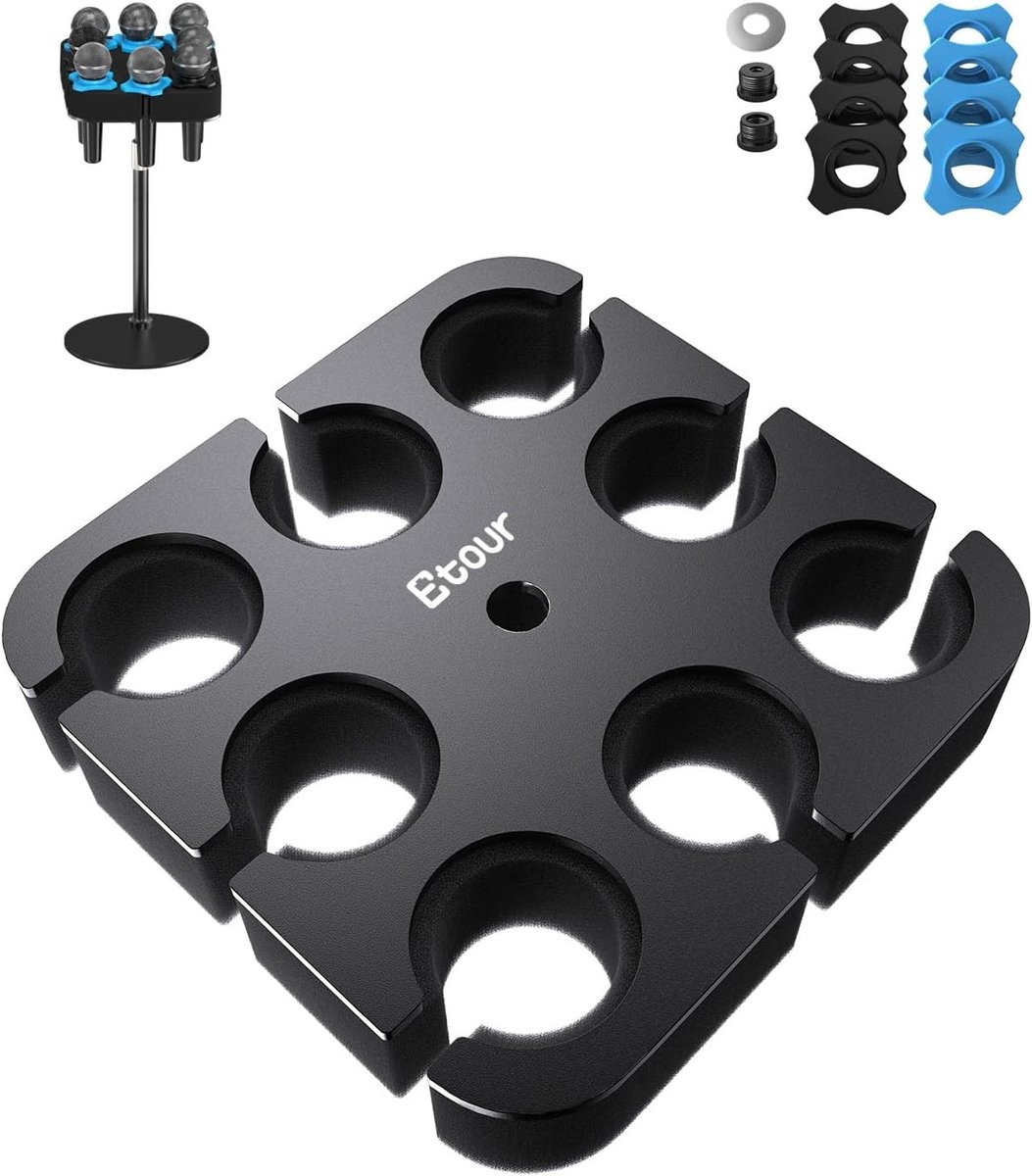 Multi-microfoonhouder voor microfoonstandaard - Organizer voor dynamische en draadloze microfoons met rubberen bekleding en vierkant dienblad