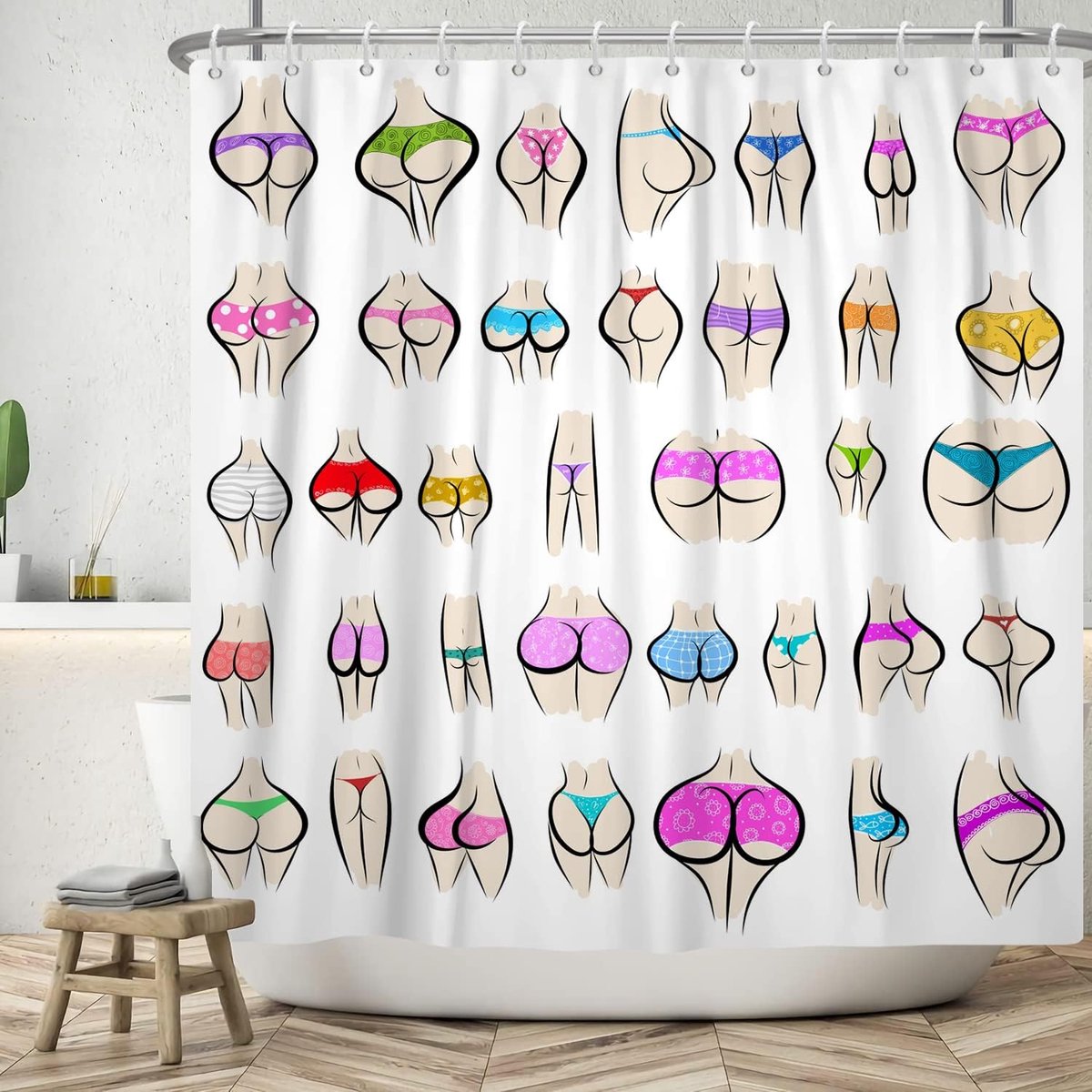 Douchegordijn 180x180cm - grappig kleurrijk achterwerkpatroon - waterdicht - perfect voor een vrolijke badkamer - ShopVlot