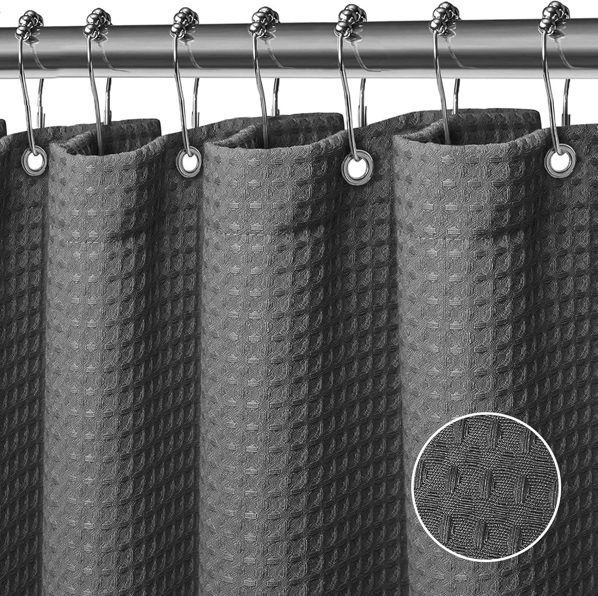 SnelShoppen - Donkergrijs Wavel Douchegordijn met Magneet, Wasbaar Polyester, Waterdicht Badgordijn 183 x 198 cm met 12 Ringen voor Douche en Bad