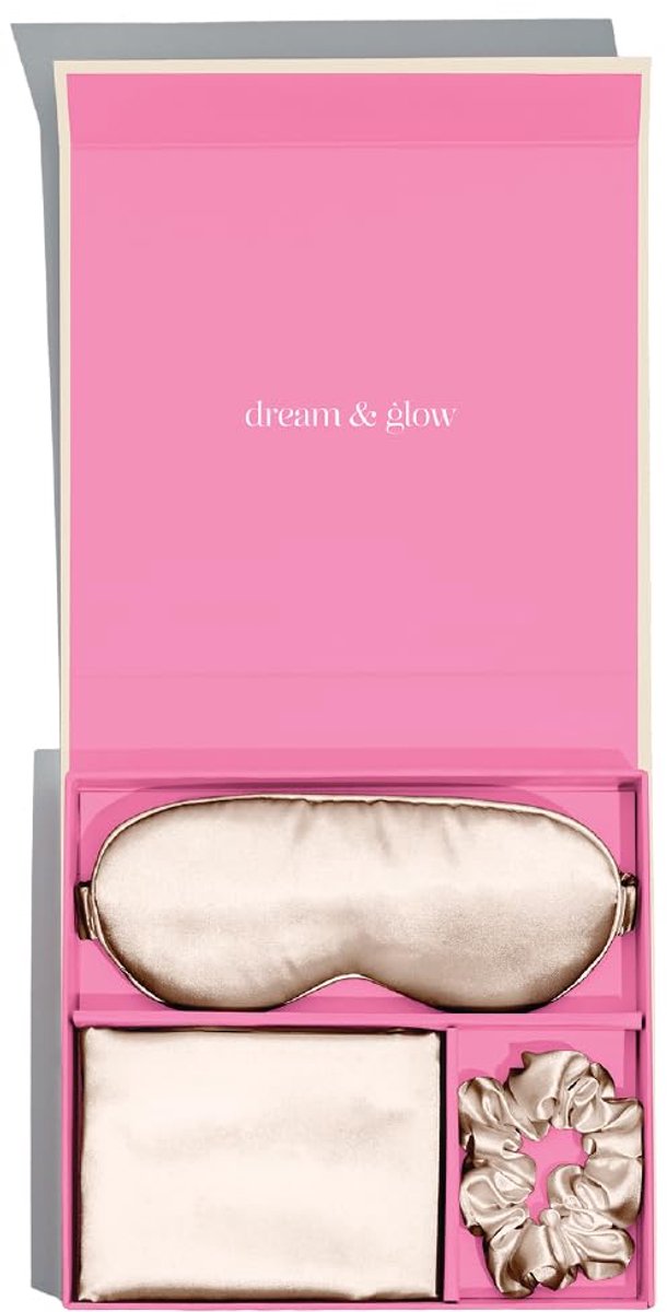 SnelShoppen - Silver Cloud Satijn Giftset 3/st - Kussensloop 50 x 75 cm, Zijdezacht Oogmasker, Rekbare Scrunchie - Satijn met Zilveren Ionen - Karamel