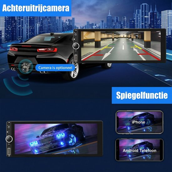 Achteruitrijcamera en spiegelmodus weergave op autoradio met blauwe lichtaccenten.