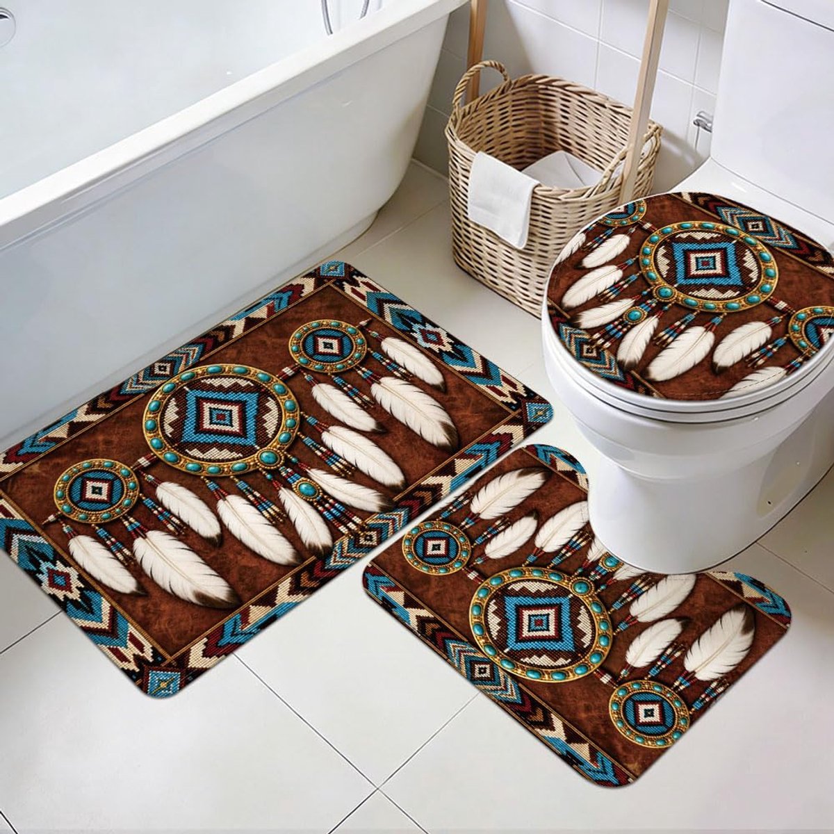 SnelShoppen - TNKBREEZE 3-delige vintage badmattenset met inheemse Amerikaanse Indiase motief, wasbare antislip badmatten voor badkamer, toilet en keu