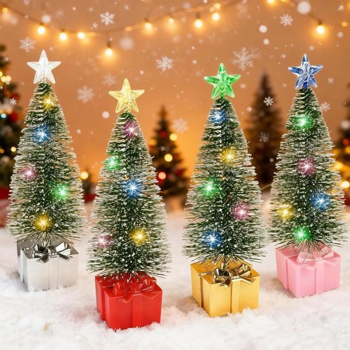 Kleine Verlichte Kerstboom, 4 Stuks Mini Kunstkerstboom met Lichten, Perfect voor Kerstdecoratie en Tafeldecoratie