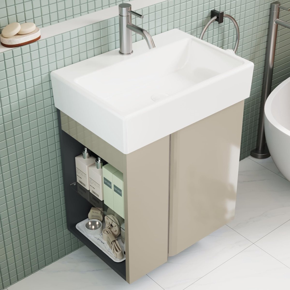 SnelShoppen - Badkamermeubel 50 cm Met Keramische Wastafel - Compact Gastentoilet Meubel Voor Kleine Ruimtes - Taupe Glans - Modern Design