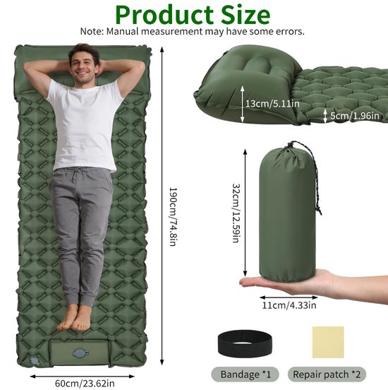SnelShoppen - Ultralichte Opblaasbare Camping Slaapmat met Ingebouwde Voetpomp en Kussen - Draagbare Luchtmat voor Backpacken en Wandelen - Enkele Sla van Snelshoppen — afbeelding 2