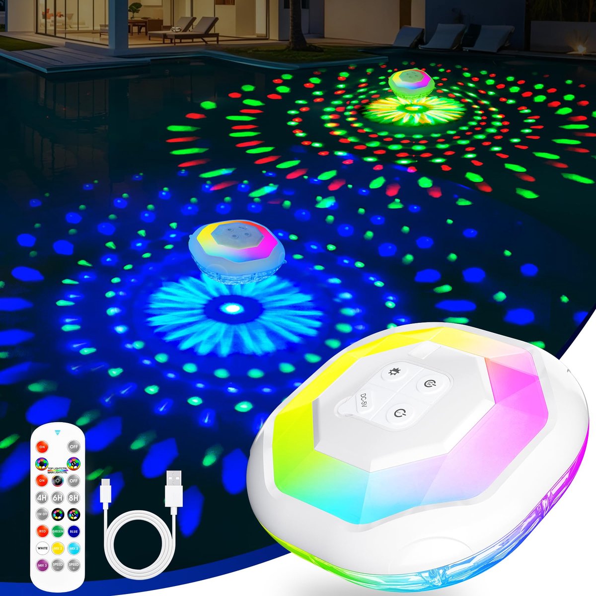 SnelShoppen - Draadloze LED Zwembadverlichting met Afstandsbediening - Oplaadbare Drijvende Lamp IP68 - Waterproof Verlichting voor Zwembad, Spa en Tu
