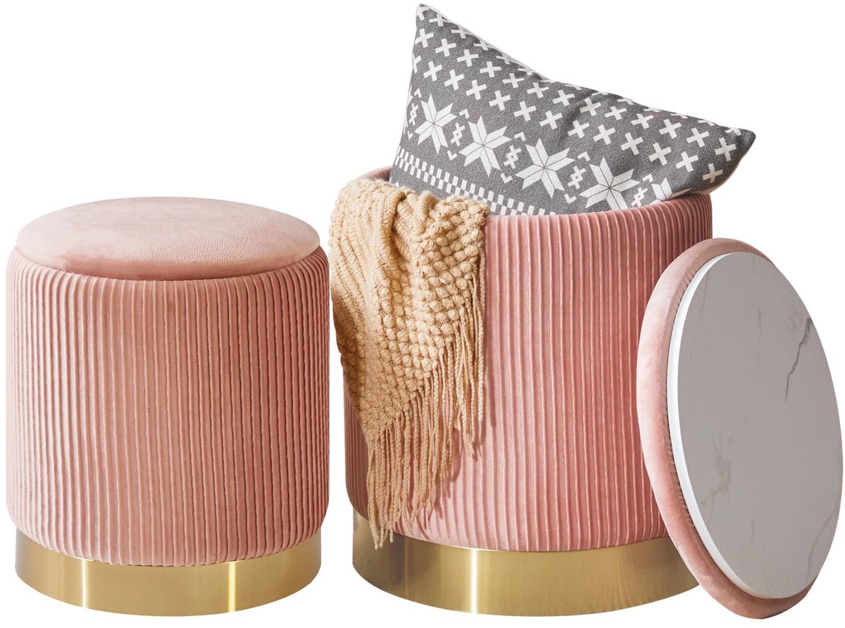 SnelShoppen - Set van 2 ronde poef met opslag, Boucle fluwelen poef opbergdoos, multifunctionele opbergpoef, roze voetsteun en salontafel voor woonkam