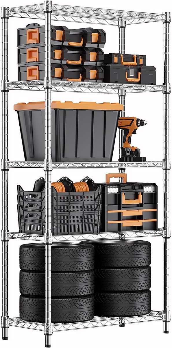 SnelShoppen - Metalen Stellingkast 5-Laags opbergrek met Verstelbare Planken, Vrijstaand Draadrek voor Garage, Berging, Wasruimte, Keuken, 35x60x158,7