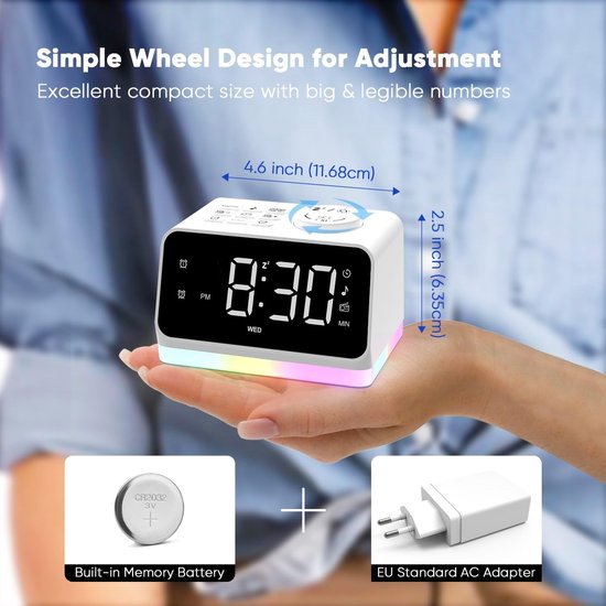 Digitale Wekker - Dubbel Alarm - Rustig Ontwaken - Met FM Radio - 11.5 cm - Wit — afbeelding 2