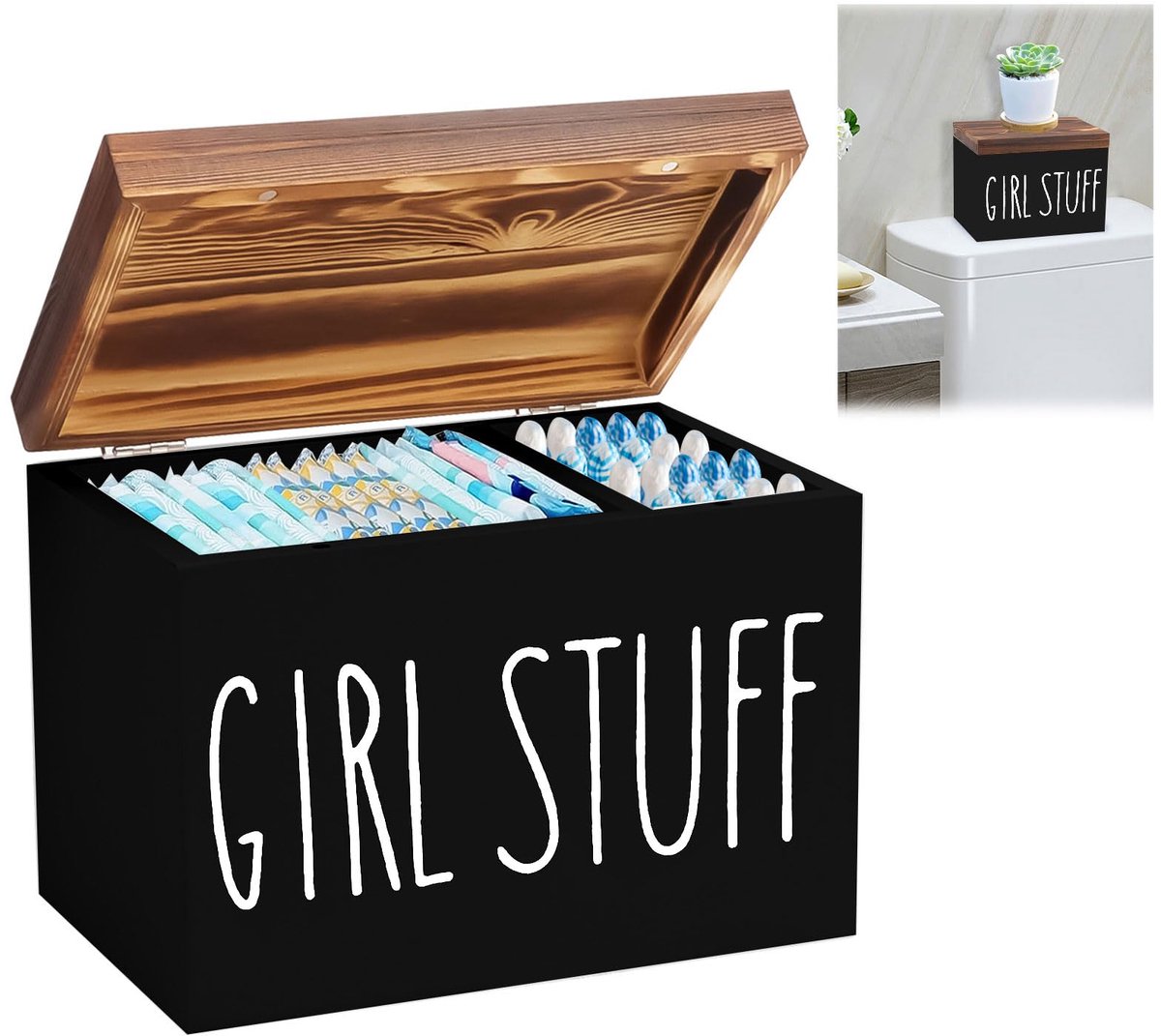 SnelShoppen - Houten Opbergdoos Badkamer voor Hygiëneproducten, Tamponhouder met Deksel, 2 Compartimenten, Zwart, Organizer Box voor Badkamer, Perfect